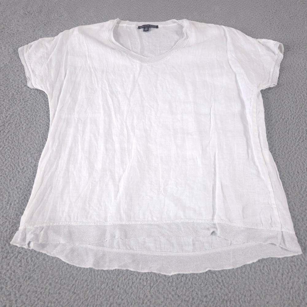 Saks Fifth Avenue Top Women L Tunic Linen V-Neck Flutter Sleeve Blouse Lagenlook